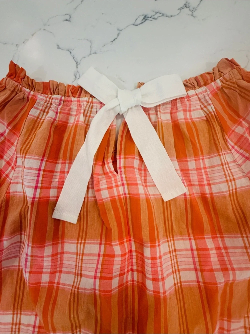 J. Crew Orange and White Plaid Blouse with ribbon tie-back size S